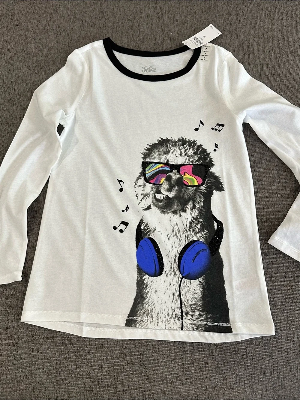 Justice White Long-Sleeve Tee with Neon Sunglasses & Blue Headphones
